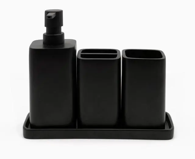 Main image of Bathroom Accessory Sets, 4 Pieces Bathroom Accessories Complete Set Vanity Countertop Accessory Set, Includes Lotion Dispenser Soap Pump, Tumbler, Toothbrush Holder and Tray (Matte Black)