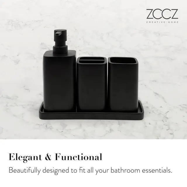 Alt view image 2 of 7 - Bathroom Accessory Sets, 4 Pieces Bathroom Accessories Complete Set Vanity Countertop Accessory Set, Includes Lotion Dispenser Soap Pump, Tumbler, Toothbrush Holder and Tray (Matte Black)