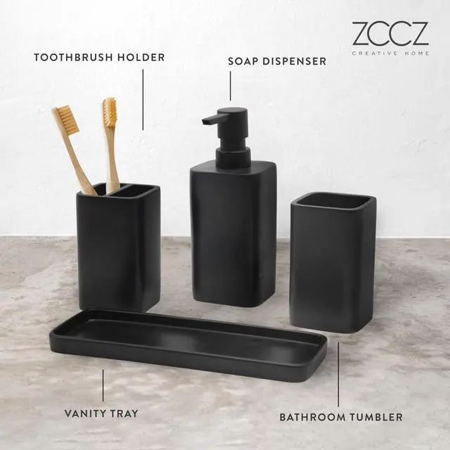 Alt view image 3 of 7 - Bathroom Accessory Sets, 4 Pieces Bathroom Accessories Complete Set Vanity Countertop Accessory Set, Includes Lotion Dispenser Soap Pump, Tumbler, Toothbrush Holder and Tray (Matte Black)