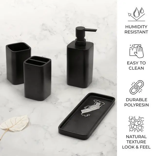 Alt view image 5 of 7 - Bathroom Accessory Sets, 4 Pieces Bathroom Accessories Complete Set Vanity Countertop Accessory Set, Includes Lotion Dispenser Soap Pump, Tumbler, Toothbrush Holder and Tray (Matte Black)