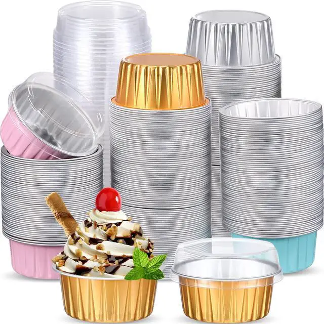 Main image of 200 Pcs 5oz Mini Aluminum Baking Cups with Lid Disposable Loaf Cake Pans Birthday Wedding Party Foil Cupcake Tins Liner Crème BrûLée Ramekins Dessert Custard Pie Cheesecake Muffin Container