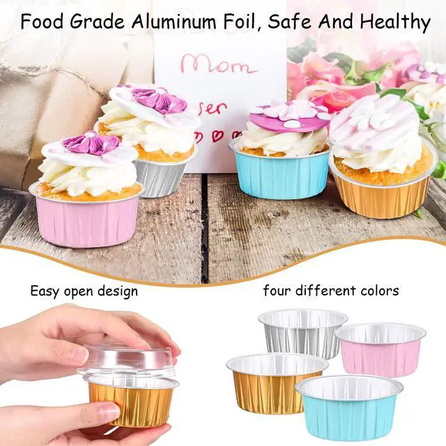 Alt view image 3 of 7 - 200 Pcs 5oz Mini Aluminum Baking Cups with Lid Disposable Loaf Cake Pans Birthday Wedding Party Foil Cupcake Tins Liner Crème BrûLée Ramekins Dessert Custard Pie Cheesecake Muffin Container