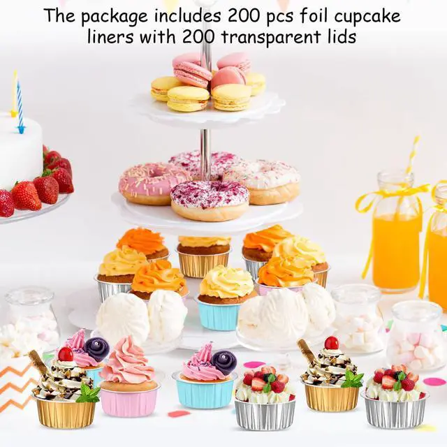 Alt view image 6 of 7 - 200 Pcs 5oz Mini Aluminum Baking Cups with Lid Disposable Loaf Cake Pans Birthday Wedding Party Foil Cupcake Tins Liner Crème BrûLée Ramekins Dessert Custard Pie Cheesecake Muffin Container