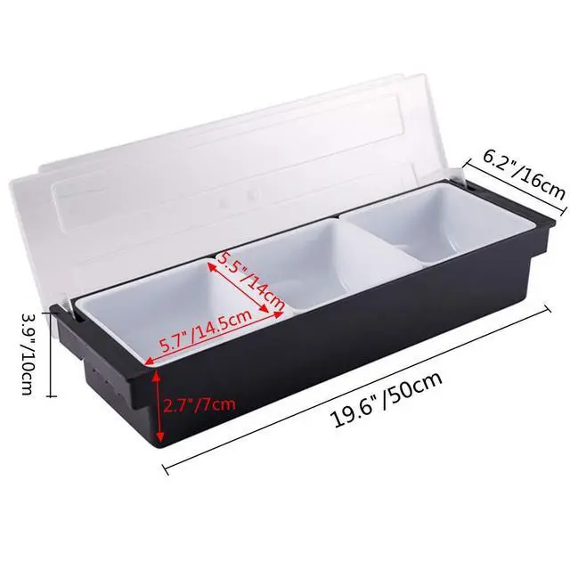 Alt view image 2 of 7 - Fruit Veggie Condiment Caddy with Lid, 3 Compartment Plastic Dispenser Tray for Catering Dips Toppings, Serving Taco, Ice Cream, Fruit, & Salad Bar Garnish Organizer for Restaurant Supplies