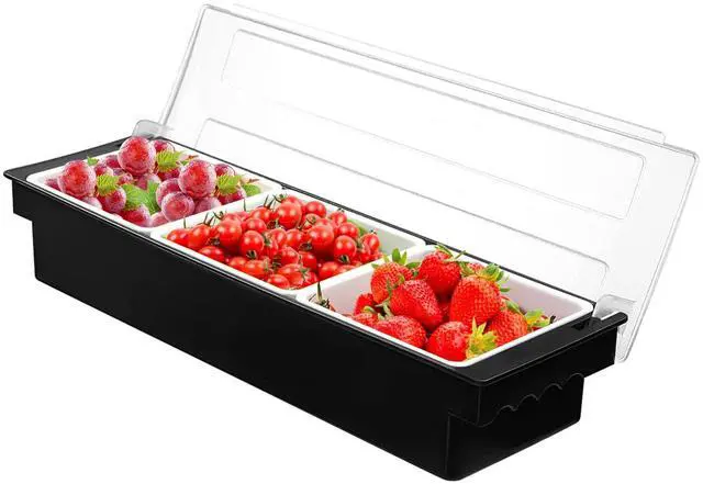 Main image of Fruit Veggie Condiment Caddy with Lid, 3 Compartment Plastic Dispenser Tray for Catering Dips Toppings, Serving Taco, Ice Cream, Fruit, & Salad Bar Garnish Organizer for Restaurant Supplies