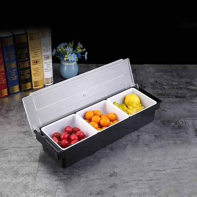 Alt view image 3 of 7 - Fruit Veggie Condiment Caddy with Lid, 3 Compartment Plastic Dispenser Tray for Catering Dips Toppings, Serving Taco, Ice Cream, Fruit, & Salad Bar Garnish Organizer for Restaurant Supplies