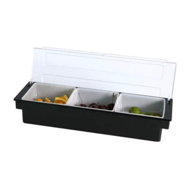 Alt view image 4 of 7 - Fruit Veggie Condiment Caddy with Lid, 3 Compartment Plastic Dispenser Tray for Catering Dips Toppings, Serving Taco, Ice Cream, Fruit, & Salad Bar Garnish Organizer for Restaurant Supplies