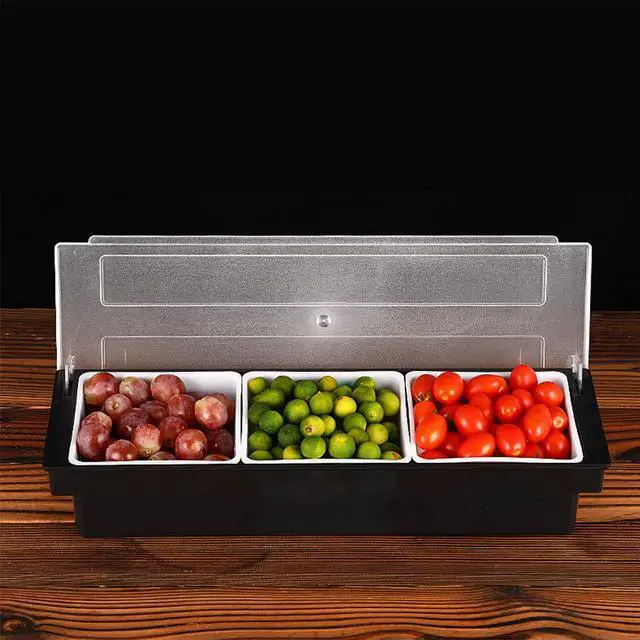 Alt view image 5 of 7 - Fruit Veggie Condiment Caddy with Lid, 3 Compartment Plastic Dispenser Tray for Catering Dips Toppings, Serving Taco, Ice Cream, Fruit, & Salad Bar Garnish Organizer for Restaurant Supplies
