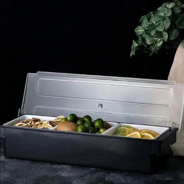 Alt view image 6 of 7 - Fruit Veggie Condiment Caddy with Lid, 3 Compartment Plastic Dispenser Tray for Catering Dips Toppings, Serving Taco, Ice Cream, Fruit, & Salad Bar Garnish Organizer for Restaurant Supplies