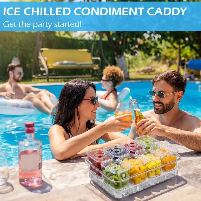Alt view image 3 of 6 - Chilled Condiment Tray Server Set with 8 Containers and Removable Compartments Large Ice Condiment Organizer Clear Garnish Serving Tray Platter for Mimosa Bar Accessories Fruit Salad Food