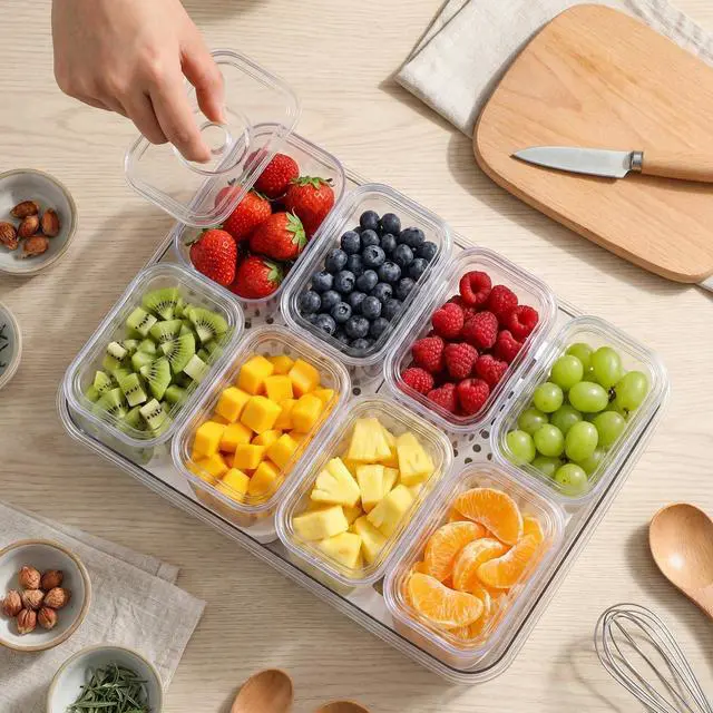 Alt view image 4 of 6 - Chilled Condiment Tray Server Set with 8 Containers and Removable Compartments Large Ice Condiment Organizer Clear Garnish Serving Tray Platter for Mimosa Bar Accessories Fruit Salad Food