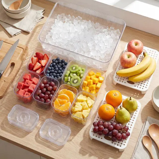 Alt view image 5 of 6 - Chilled Condiment Tray Server Set with 8 Containers and Removable Compartments Large Ice Condiment Organizer Clear Garnish Serving Tray Platter for Mimosa Bar Accessories Fruit Salad Food