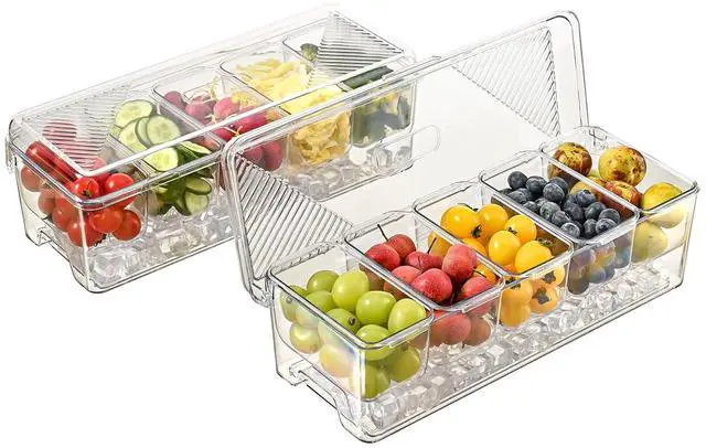 Main image of Large Chilled Condiment Caddy,Stackable Chilled Condiment Containers Server with Lids for 5 Removable Compartments (5 Containers, 2 pack)