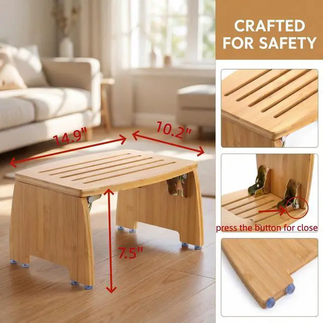 Alt view image 2 of 7 - Bamboo Folding Step Stool, Non-Slip Leg Shaving Foot Rest Chair, Foldable One Step Stool for Home, Adults, Support up to 300lbs, Fully Assembled
