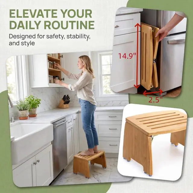 Alt view image 5 of 7 - Bamboo Folding Step Stool, Non-Slip Leg Shaving Foot Rest Chair, Foldable One Step Stool for Home, Adults, Support up to 300lbs, Fully Assembled