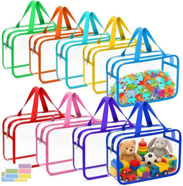 Main image of 9 Packs 9 Colors Waterproof Toy Storage Bags, 11.8x8.7x4In Large Clear PVC Toy Organizer Bag with Labels, Dual Zippers and Portable Handheld Design, Board Game Storage for Building Blocks