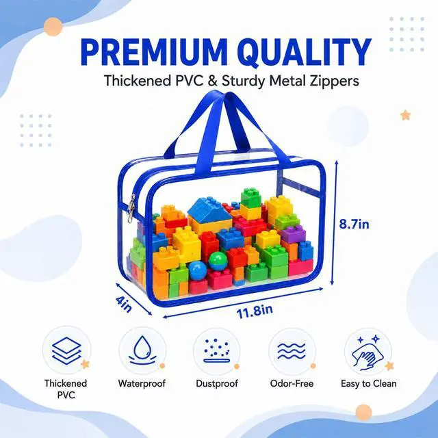 Alt view image 3 of 7 - 9 Packs 9 Colors Waterproof Toy Storage Bags, 11.8x8.7x4In Large Clear PVC Toy Organizer Bag with Labels, Dual Zippers and Portable Handheld Design, Board Game Storage for Building Blocks