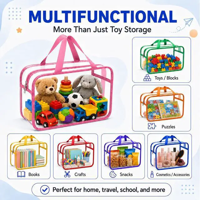Alt view image 5 of 7 - 9 Packs 9 Colors Waterproof Toy Storage Bags, 11.8x8.7x4In Large Clear PVC Toy Organizer Bag with Labels, Dual Zippers and Portable Handheld Design, Board Game Storage for Building Blocks