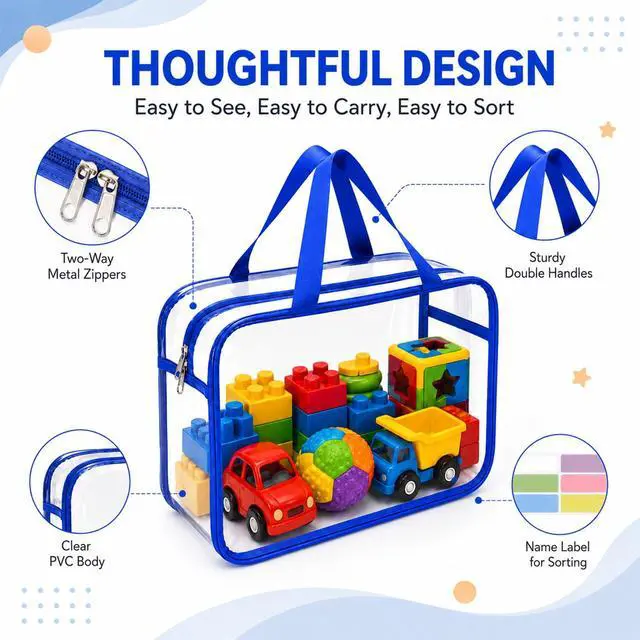 Alt view image 4 of 7 - 9 Packs 9 Colors Waterproof Toy Storage Bags, 11.8x8.7x4In Large Clear PVC Toy Organizer Bag with Labels, Dual Zippers and Portable Handheld Design, Board Game Storage for Building Blocks