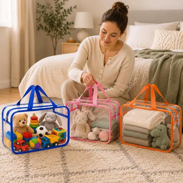 Alt view image 7 of 7 - 9 Packs 9 Colors Waterproof Toy Storage Bags, 11.8x8.7x4In Large Clear PVC Toy Organizer Bag with Labels, Dual Zippers and Portable Handheld Design, Board Game Storage for Building Blocks