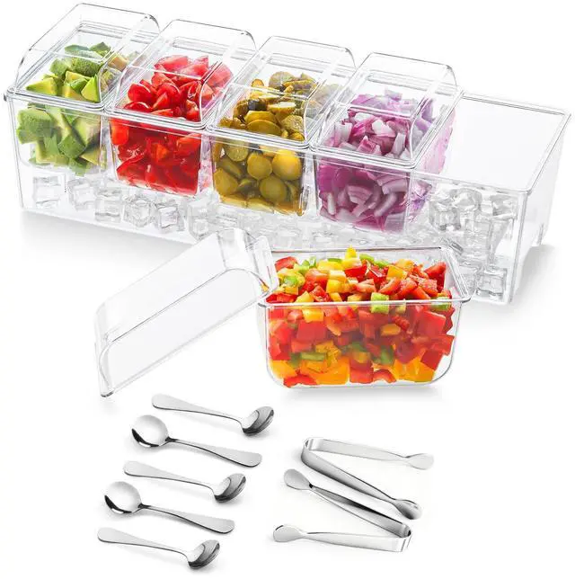 Main image of Ice Chilled Condiment Caddy with 5x 20 oz Containers, Condiment Server with Lid & Metal Accessories, Serving Tray Platter with Removable Dishes for Bar, Fruit, Salad, Taco, Party Garnish