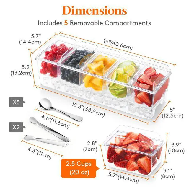 Alt view image 2 of 7 - Ice Chilled Condiment Caddy with 5x 20 oz Containers, Condiment Server with Lid & Metal Accessories, Serving Tray Platter with Removable Dishes for Bar, Fruit, Salad, Taco, Party Garnish