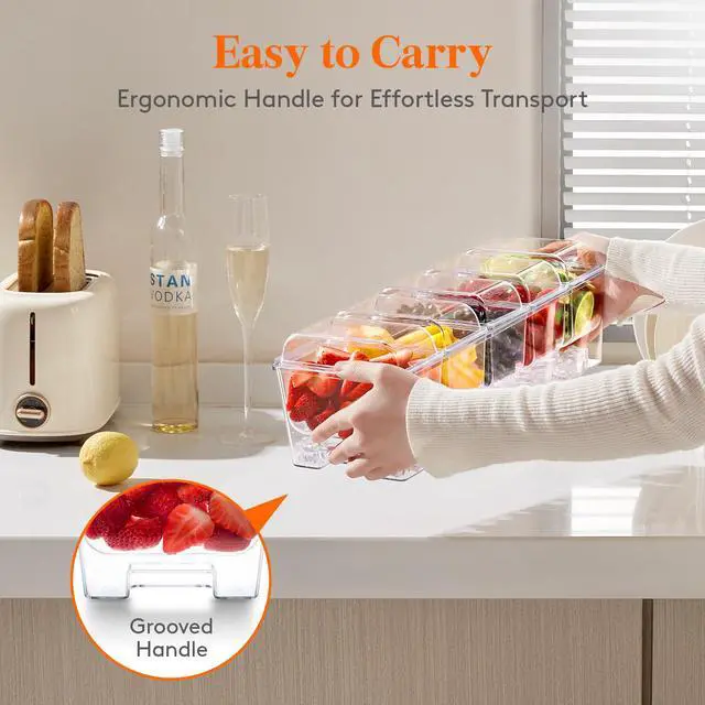 Alt view image 7 of 7 - Ice Chilled Condiment Caddy with 5x 20 oz Containers, Condiment Server with Lid & Metal Accessories, Serving Tray Platter with Removable Dishes for Bar, Fruit, Salad, Taco, Party Garnish