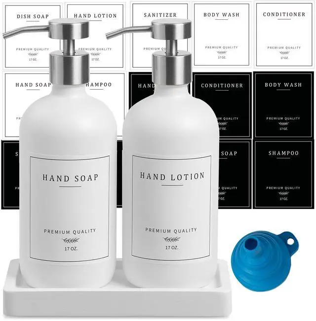 Main image of Dispenser Bathroom - Kitchen Dish Hand Soap Dispenser Set, Liquid Soap Lotion Dispenser with Tray, Hand Soap and Lotion Dispenser, White Bottle/Silver Pump-pd
