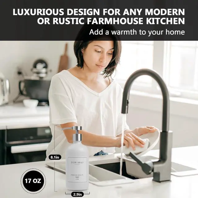 Alt view image 2 of 7 - Dispenser Bathroom - Kitchen Dish Hand Soap Dispenser Set, Liquid Soap Lotion Dispenser with Tray, Hand Soap and Lotion Dispenser, White Bottle/Silver Pump-pd