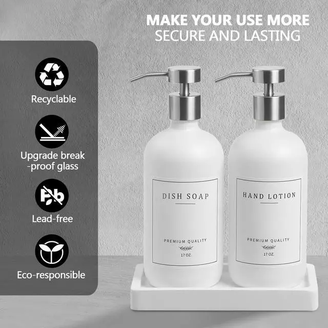 Alt view image 3 of 7 - Dispenser Bathroom - Kitchen Dish Hand Soap Dispenser Set, Liquid Soap Lotion Dispenser with Tray, Hand Soap and Lotion Dispenser, White Bottle/Silver Pump-pd