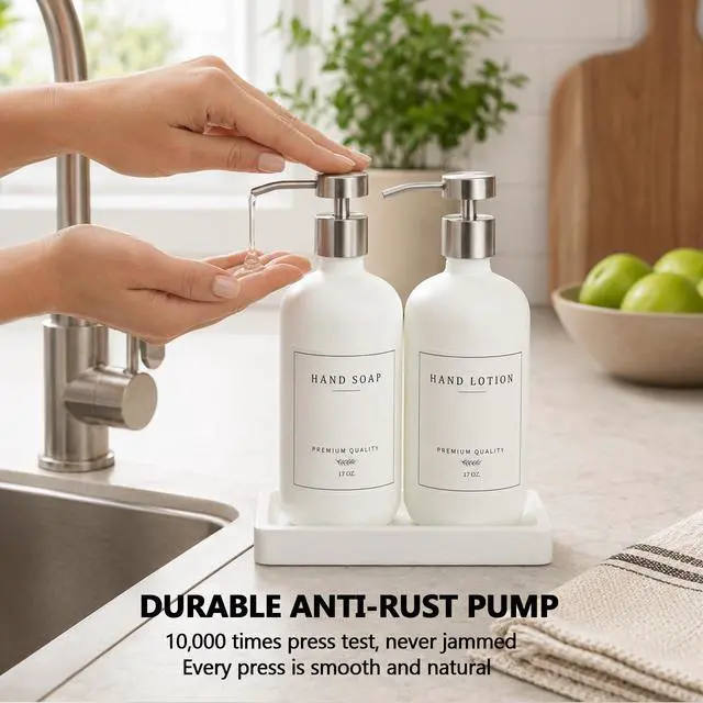 Alt view image 5 of 7 - Dispenser Bathroom - Kitchen Dish Hand Soap Dispenser Set, Liquid Soap Lotion Dispenser with Tray, Hand Soap and Lotion Dispenser, White Bottle/Silver Pump-pd