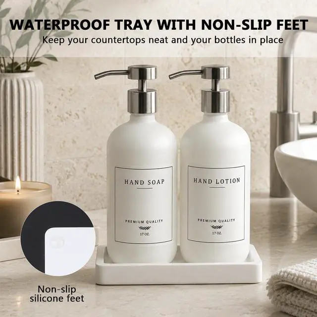 Alt view image 6 of 7 - Dispenser Bathroom - Kitchen Dish Hand Soap Dispenser Set, Liquid Soap Lotion Dispenser with Tray, Hand Soap and Lotion Dispenser, White Bottle/Silver Pump-pd