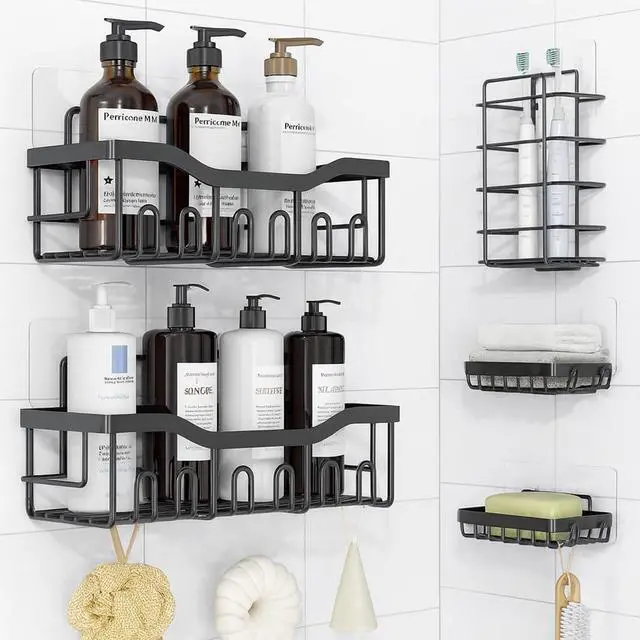 Main image of Adhesive Shower Caddy, 6 Pack Rustproof Stainless Steel Bathroom Organizers with Large Capacity, No Drilling Shelves with Soap Caddy & Toothbrush Wall-Mounted Shower Holder, Black