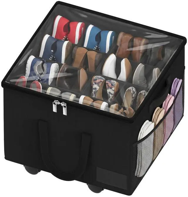 Main image of Large Shoe Organizer for Closet, 16 Pairs Shoe Storage Box with 360° Wheels & Reinforced Handles, Adjustable Dividers, Clear Cover, Side Pocket, Foldable Oxford Fabric Bin for Entryway, Black