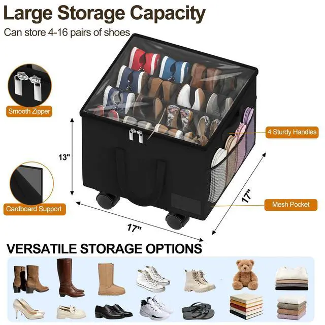 Alt view image 4 of 7 - Large Shoe Organizer for Closet, 16 Pairs Shoe Storage Box with 360° Wheels & Reinforced Handles, Adjustable Dividers, Clear Cover, Side Pocket, Foldable Oxford Fabric Bin for Entryway, Black