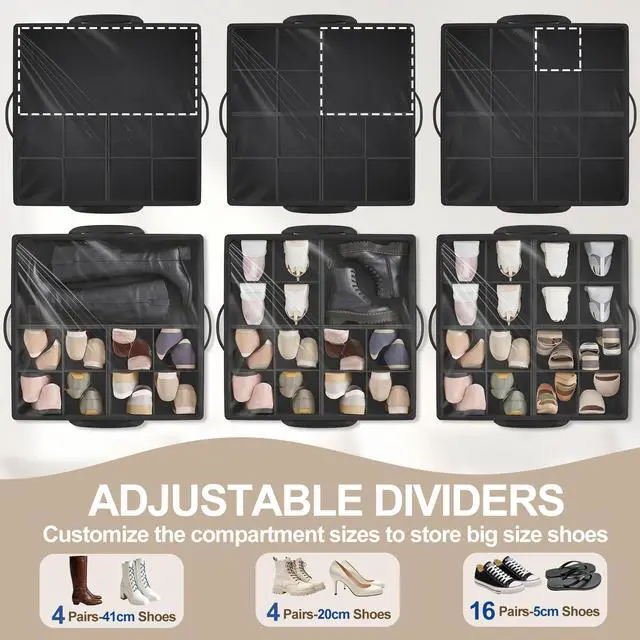 Alt view image 5 of 7 - Large Shoe Organizer for Closet, 16 Pairs Shoe Storage Box with 360° Wheels & Reinforced Handles, Adjustable Dividers, Clear Cover, Side Pocket, Foldable Oxford Fabric Bin for Entryway, Black