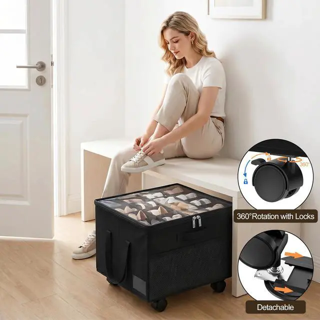 Alt view image 3 of 7 - Large Shoe Organizer for Closet, 16 Pairs Shoe Storage Box with 360° Wheels & Reinforced Handles, Adjustable Dividers, Clear Cover, Side Pocket, Foldable Oxford Fabric Bin for Entryway, Black