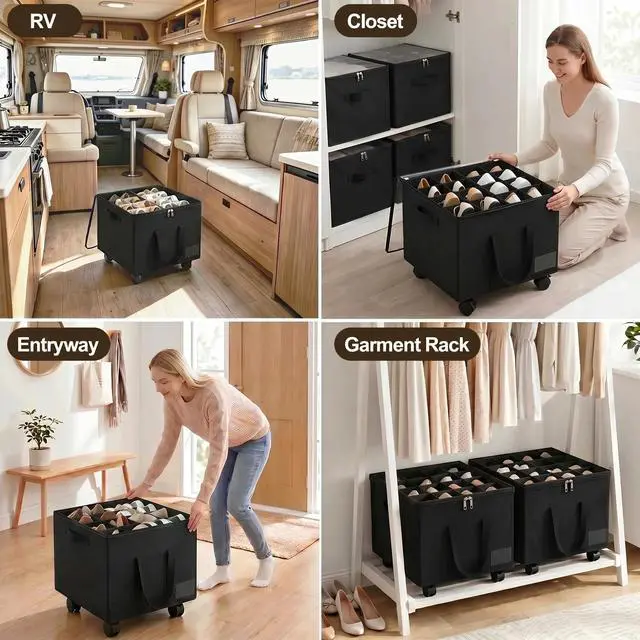Alt view image 6 of 7 - Large Shoe Organizer for Closet, 16 Pairs Shoe Storage Box with 360° Wheels & Reinforced Handles, Adjustable Dividers, Clear Cover, Side Pocket, Foldable Oxford Fabric Bin for Entryway, Black