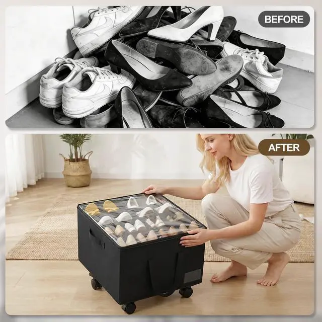 Alt view image 7 of 7 - Large Shoe Organizer for Closet, 16 Pairs Shoe Storage Box with 360° Wheels & Reinforced Handles, Adjustable Dividers, Clear Cover, Side Pocket, Foldable Oxford Fabric Bin for Entryway, Black