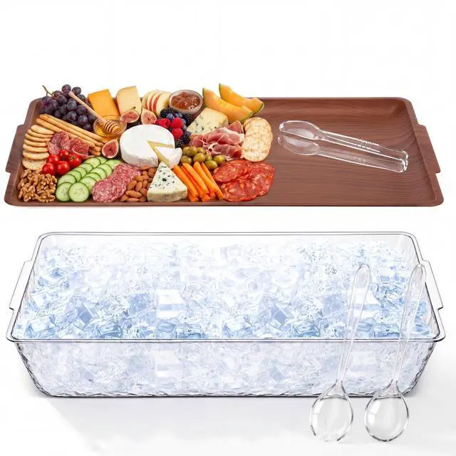 Main image of 1 Set 16" x 9" Chilled Serving Tray for Parties with Compartments Ice Chilled Party Crudite Platter Charcuterie Serving Board Cold Dish Dip Tableware for Seafood Vegetable (Dark Wood)