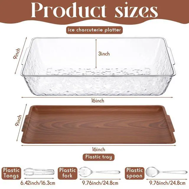 Alt view image 2 of 7 - 1 Set 16" x 9" Chilled Serving Tray for Parties with Compartments Ice Chilled Party Crudite Platter Charcuterie Serving Board Cold Dish Dip Tableware for Seafood Vegetable (Dark Wood)