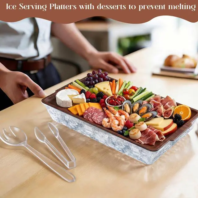 Alt view image 4 of 7 - 1 Set 16" x 9" Chilled Serving Tray for Parties with Compartments Ice Chilled Party Crudite Platter Charcuterie Serving Board Cold Dish Dip Tableware for Seafood Vegetable (Dark Wood)