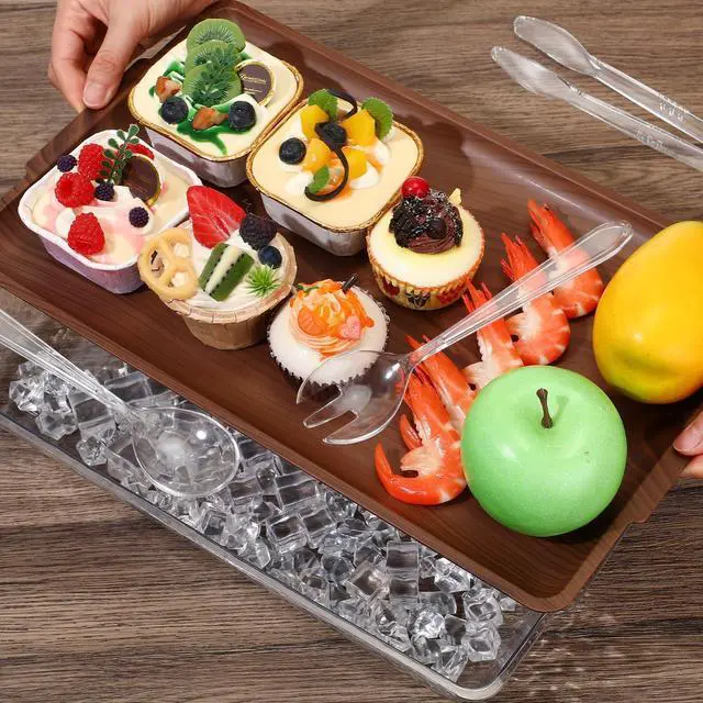 Alt view image 5 of 7 - 1 Set 16" x 9" Chilled Serving Tray for Parties with Compartments Ice Chilled Party Crudite Platter Charcuterie Serving Board Cold Dish Dip Tableware for Seafood Vegetable (Dark Wood)
