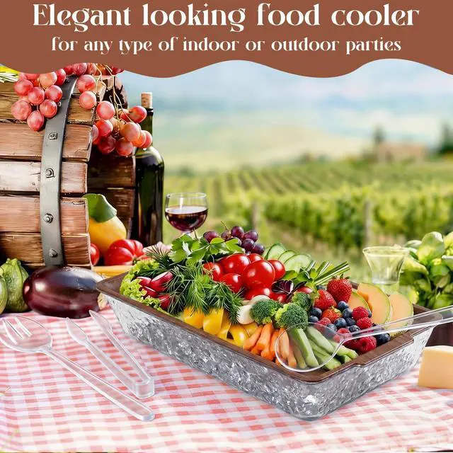 Alt view image 6 of 7 - 1 Set 16" x 9" Chilled Serving Tray for Parties with Compartments Ice Chilled Party Crudite Platter Charcuterie Serving Board Cold Dish Dip Tableware for Seafood Vegetable (Dark Wood)