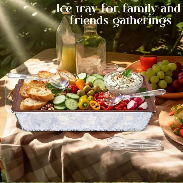 Alt view image 7 of 7 - 1 Set 16" x 9" Chilled Serving Tray for Parties with Compartments Ice Chilled Party Crudite Platter Charcuterie Serving Board Cold Dish Dip Tableware for Seafood Vegetable (Dark Wood)
