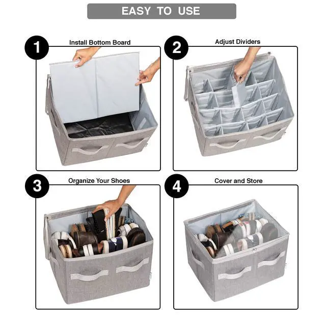 Alt view image 2 of 5 - Shoe Organizer Closet Storage Solution with Clear Cover & Adjustable Dividers for Shoes, Handbags, Blankets, Linen, Clothing (Medium - 16 Pairs, Grey)