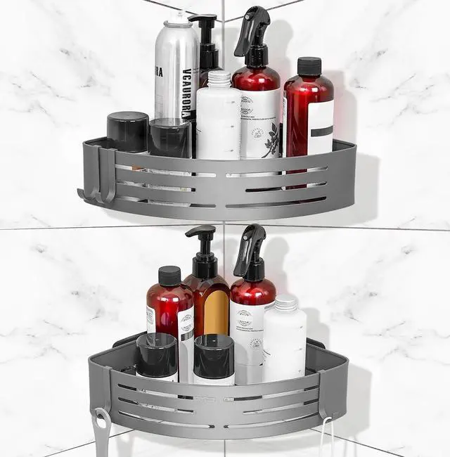 Main image of Corner Shower Caddy, 2 Pack Adhesive Shower Caddy Shelf Organizer Shelves Rustproof Stainless Steel Bathroom Organizers with 4 Hooks, No Drilling Wall Mounted Rack for Bathroom Kitchen, Grey