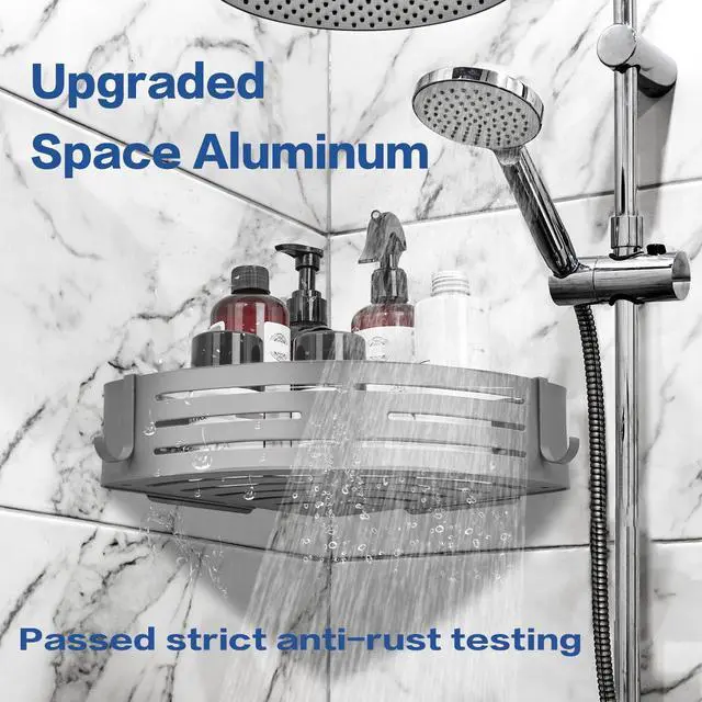 Alt view image 4 of 7 - Corner Shower Caddy, 2 Pack Adhesive Shower Caddy Shelf Organizer Shelves Rustproof Stainless Steel Bathroom Organizers with 4 Hooks, No Drilling Wall Mounted Rack for Bathroom Kitchen, Grey