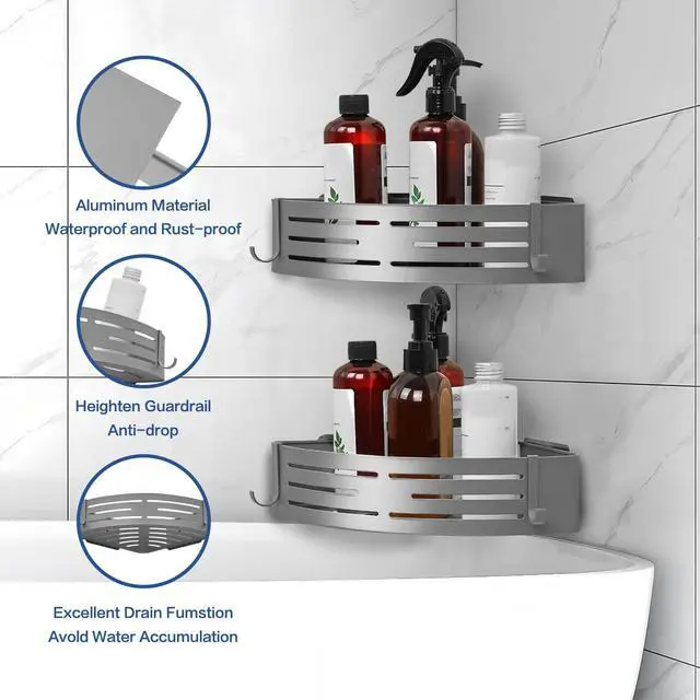Alt view image 5 of 7 - Corner Shower Caddy, 2 Pack Adhesive Shower Caddy Shelf Organizer Shelves Rustproof Stainless Steel Bathroom Organizers with 4 Hooks, No Drilling Wall Mounted Rack for Bathroom Kitchen, Grey