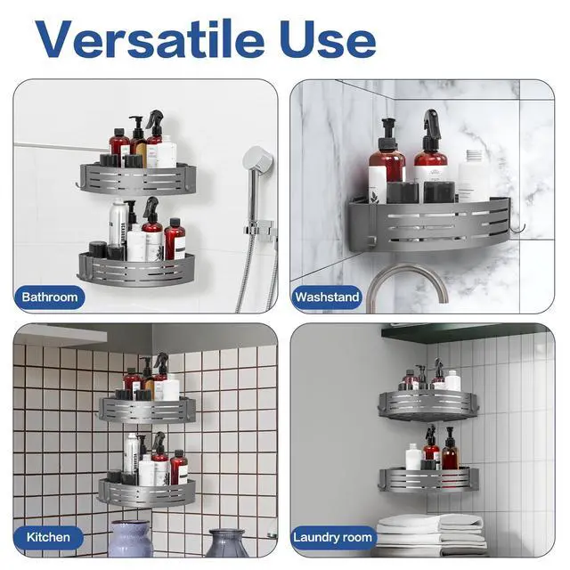 Alt view image 6 of 7 - Corner Shower Caddy, 2 Pack Adhesive Shower Caddy Shelf Organizer Shelves Rustproof Stainless Steel Bathroom Organizers with 4 Hooks, No Drilling Wall Mounted Rack for Bathroom Kitchen, Grey